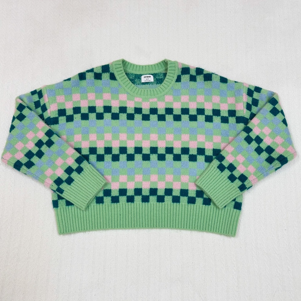 COTTON ON green pink blue checkered boxy cropped sweater - sz S - cozy, crewneck